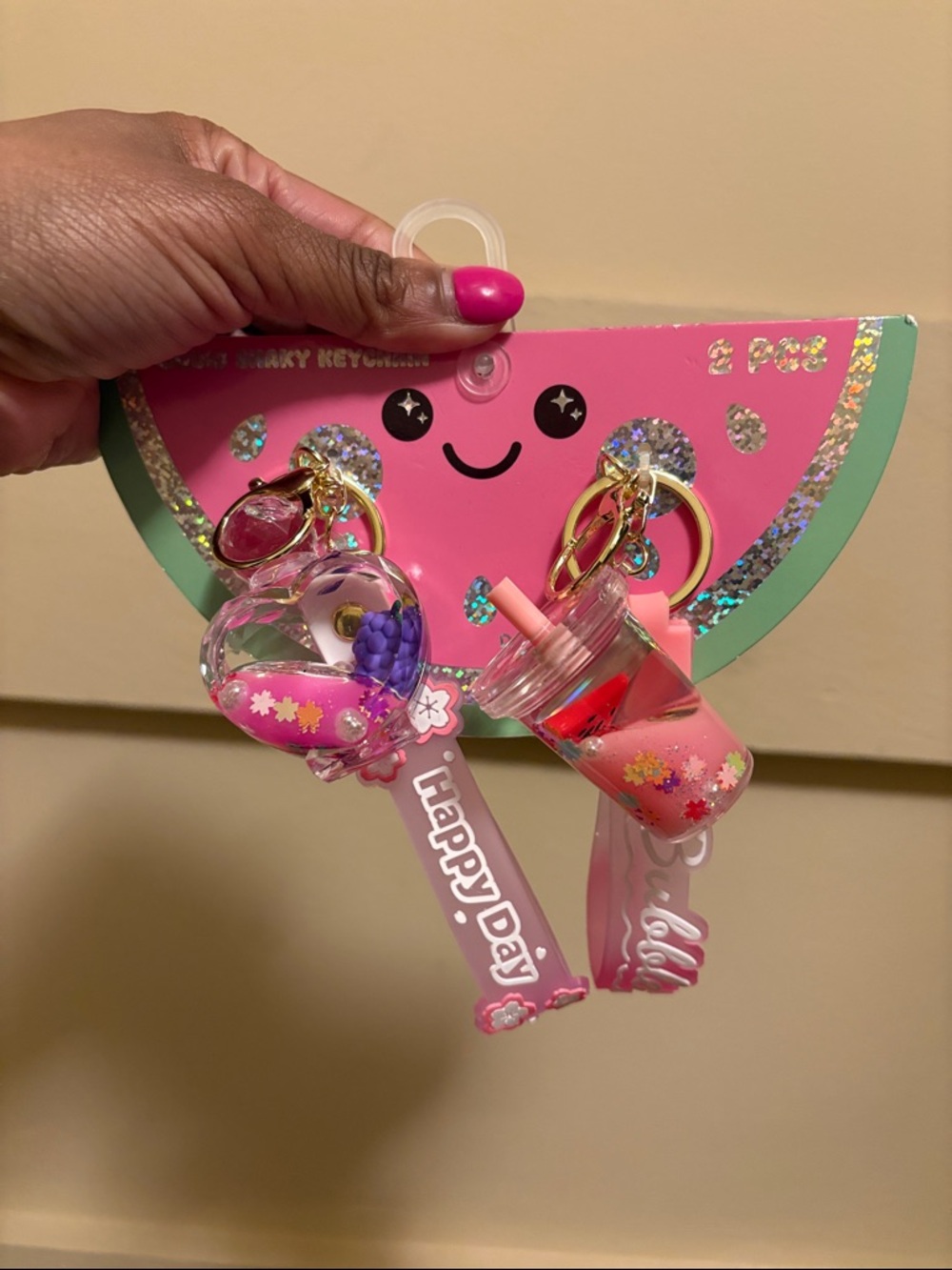 Pink 'Happy Day' Cute Drink & Heart Charm Keychain Set